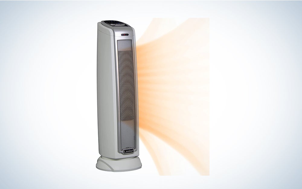 A Lasko space heater on a blue and white background