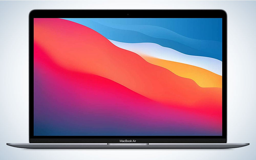 The Macbook Air M1 on a blue and white background