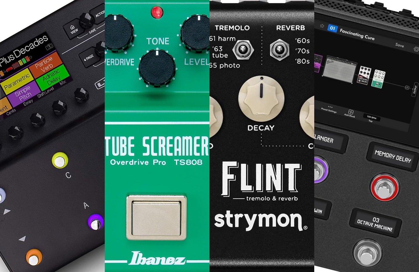 four of the best guitar pedals sliced together